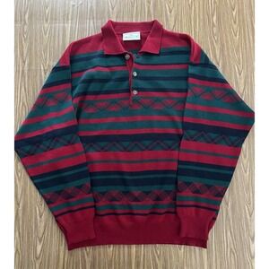 Vintage Baileys Made In italy Striped Knit Polo Sweater Mens Large Red Green